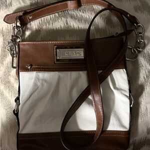 Chaps Brown and ivory Leather Messenger Bag with Silver Accent